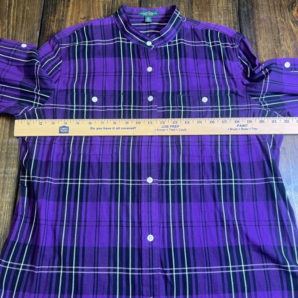 Lauren Jeans‎ Co Ralph Lauren Purple Plaid Band Collar Button Down Shirt Large - Picture 6 of 7